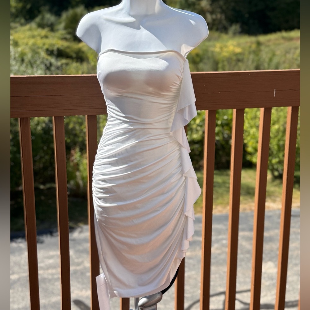 Cache White Ruched Strapless Midi Dress Size 2